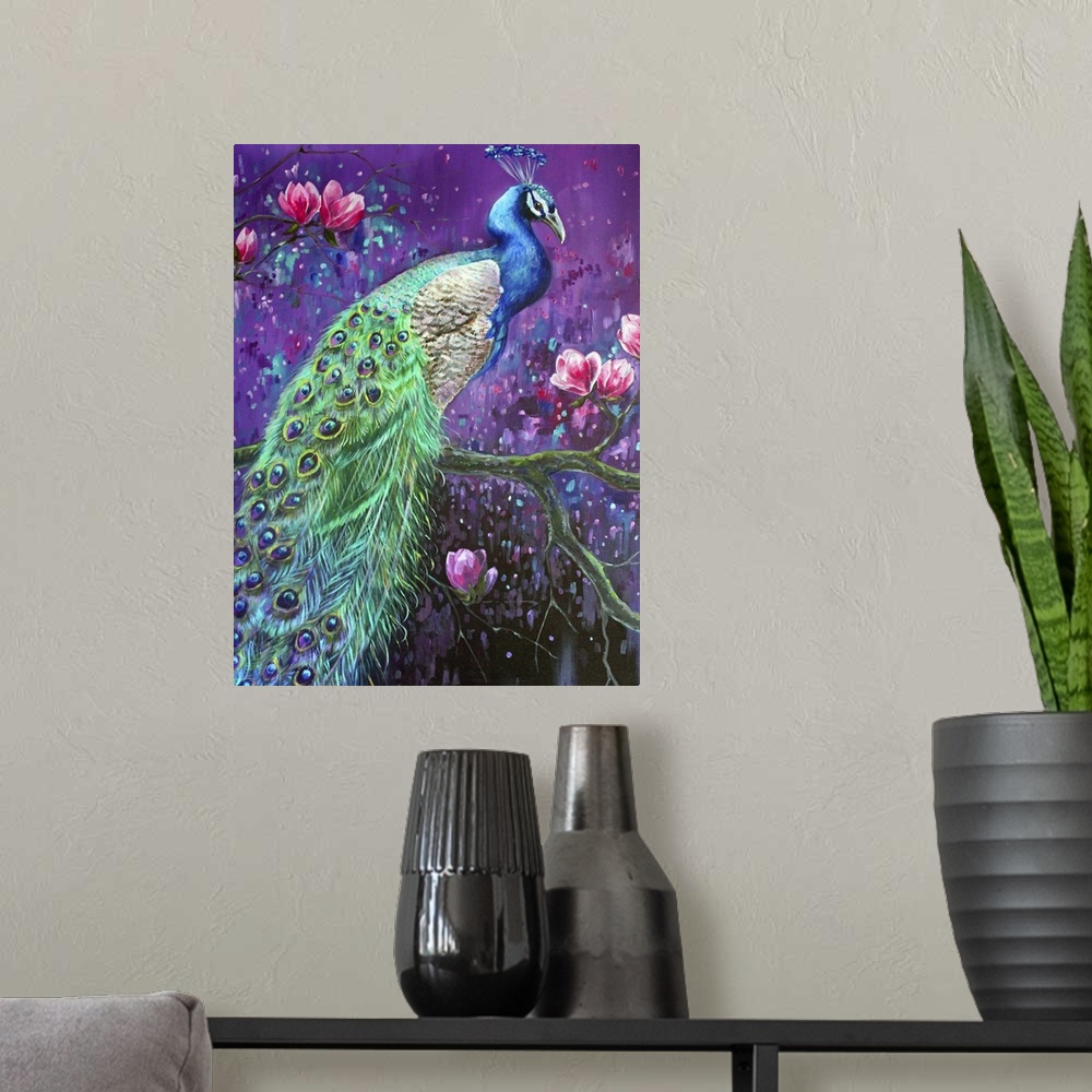 A modern room featuring Contemporary vibrant painting of a male peacock perched on a branch against an interstellar backg...