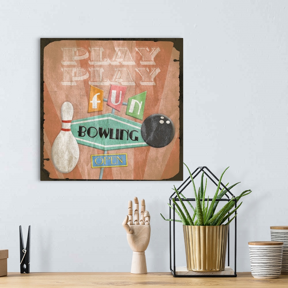 A bohemian room featuring Retro bowling alley sign artwork, with a rustic faded border around the image.