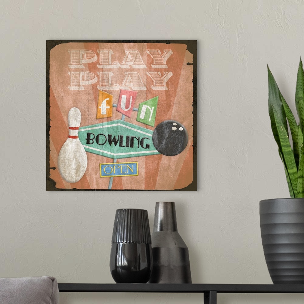 A modern room featuring Retro bowling alley sign artwork, with a rustic faded border around the image.