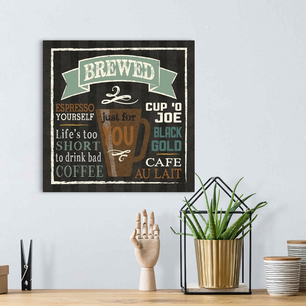 A bohemian room featuring Chalkboard style artwork featuring a  mug of coffee and coffee-related phrases.