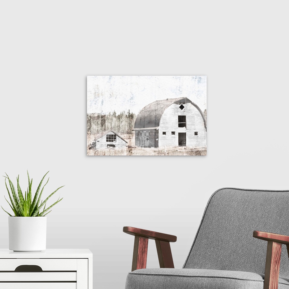 A modern room featuring An image in neutral tones of a barn with trees behind it with a textured overlay.