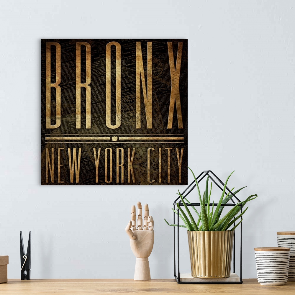 A bohemian room featuring Typographical travel art with the text "Bronx, New York City" in a rustic, weathered look.