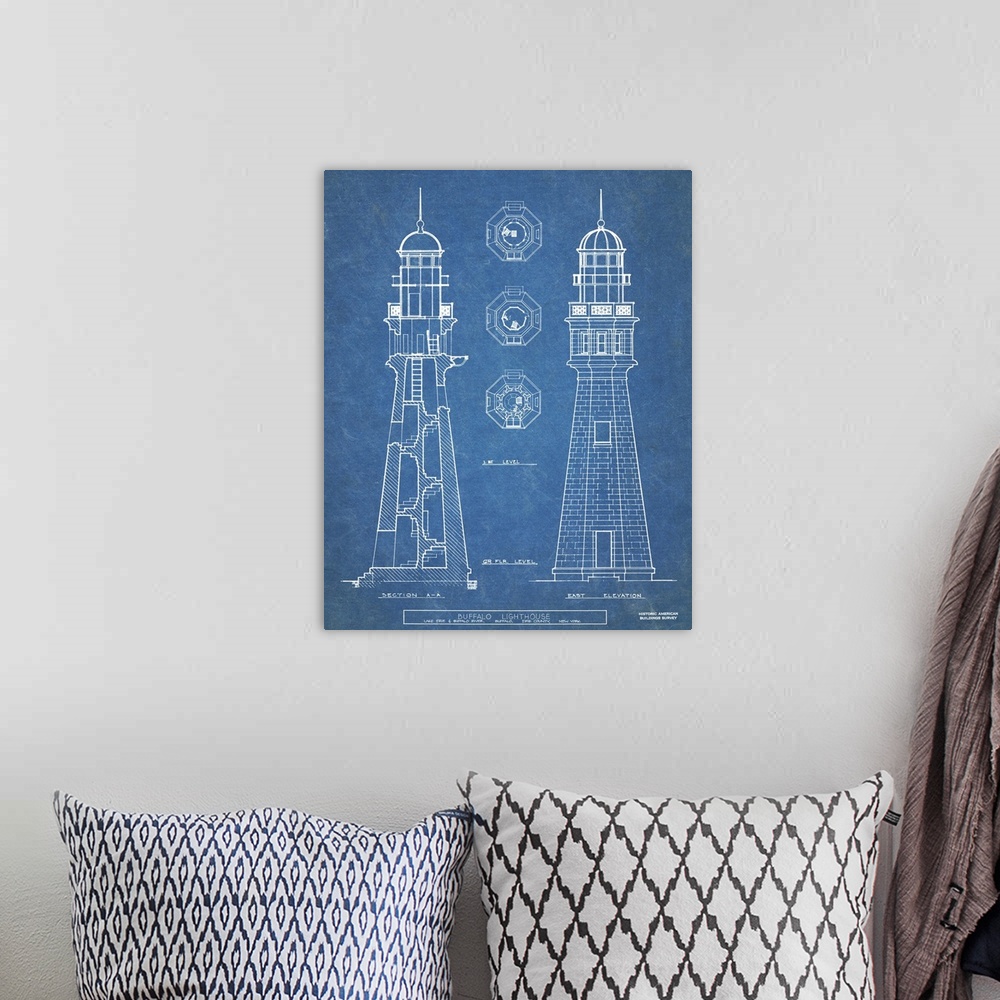 A bohemian room featuring Contemporary artwork in technical blueprint style of Buffalo lighthouse.