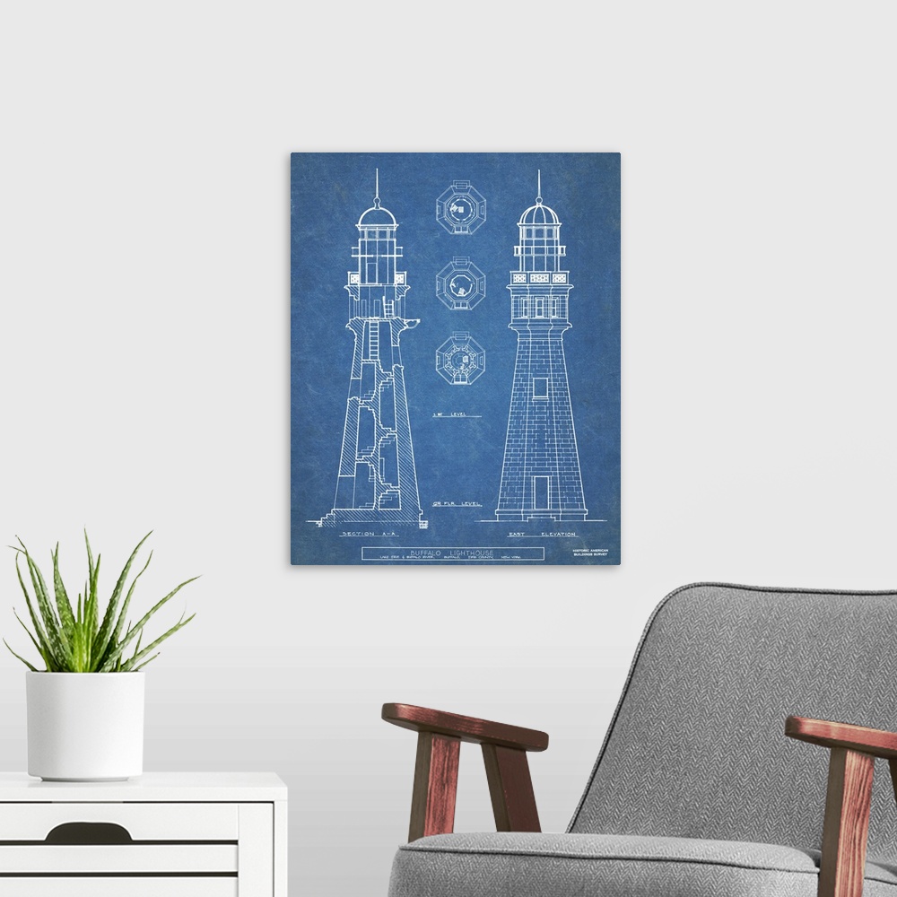 A modern room featuring Contemporary artwork in technical blueprint style of Buffalo lighthouse.