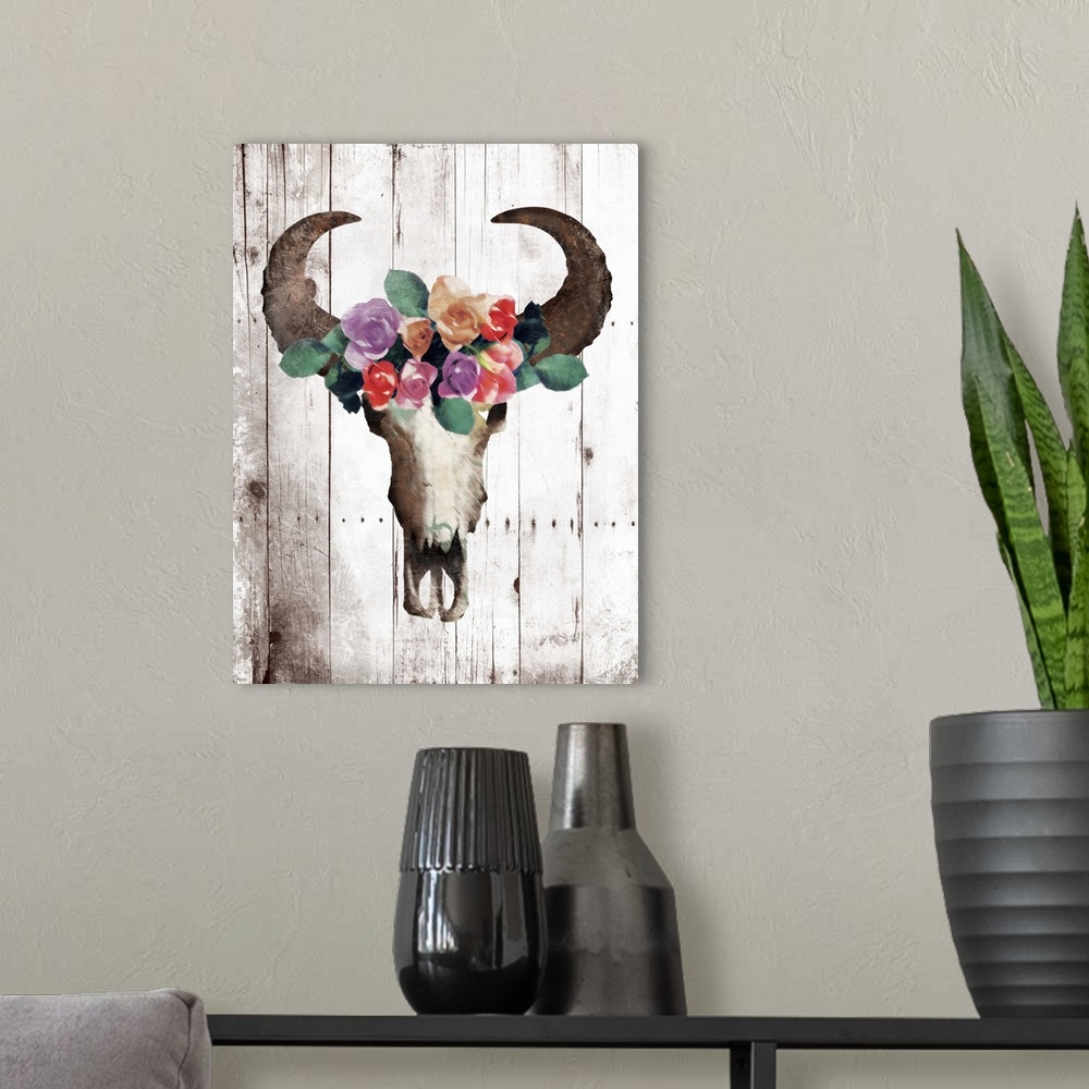 A modern room featuring A painting of a bull skull wearing a crown made out of flowers on a wood panel background.
