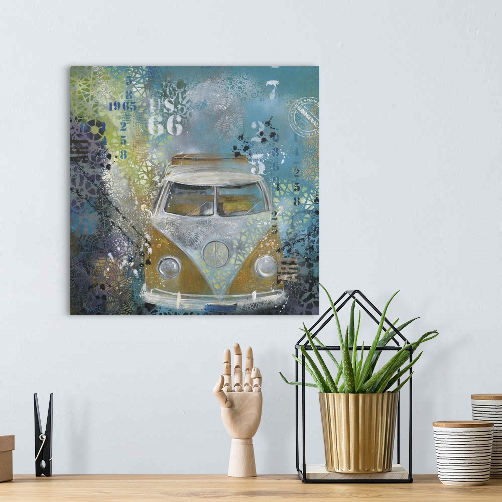 A bohemian room featuring Painting of a yellow Volkswagen bus embellished with paint splatters and stenciled numbers.