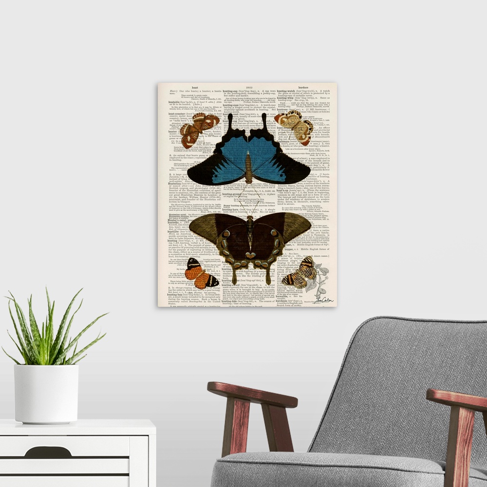 A modern room featuring Contemporary artistic use of a page from a dictionary with a scientific illustration of butterfli...