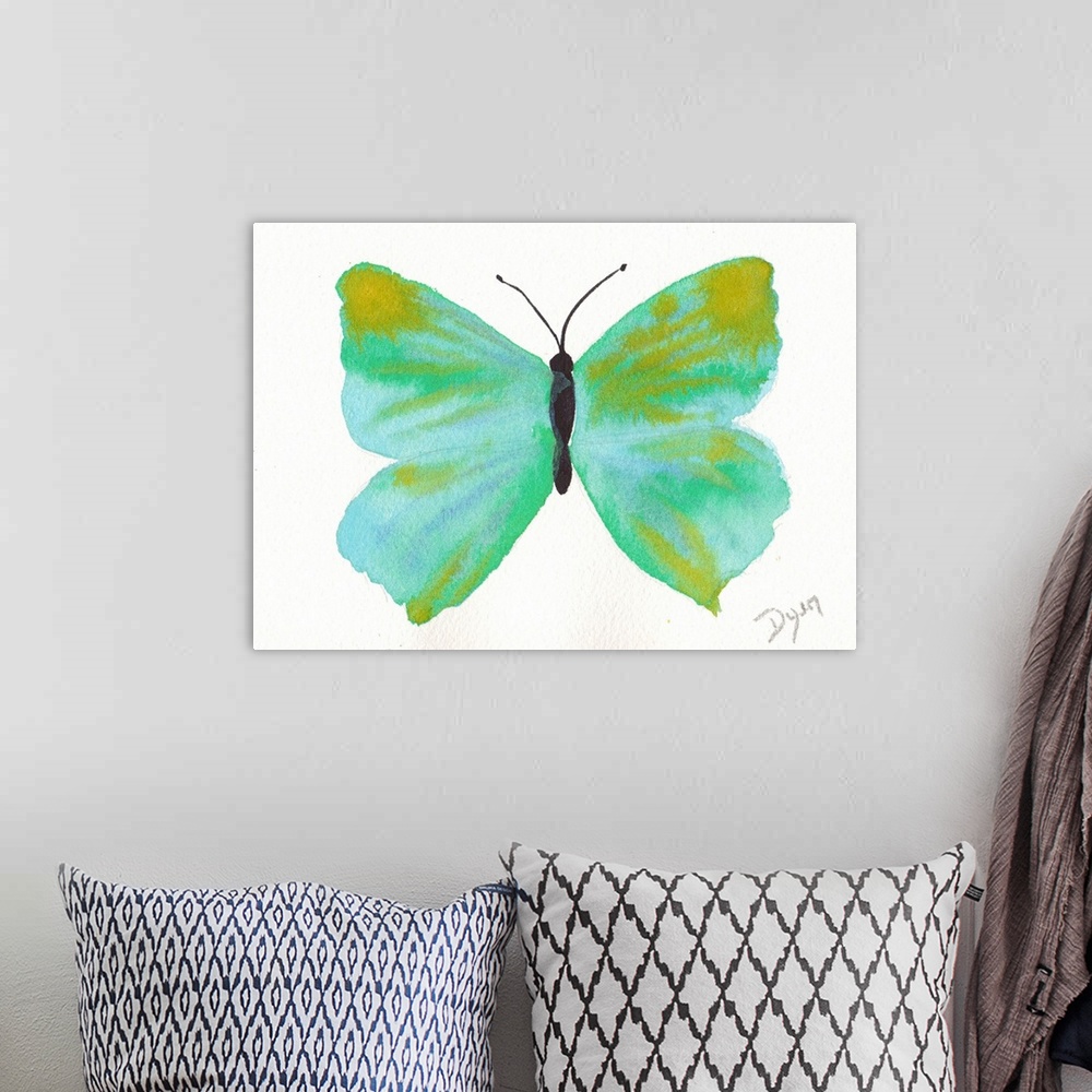 A bohemian room featuring Watercolor painting of a butterfly against a white background.