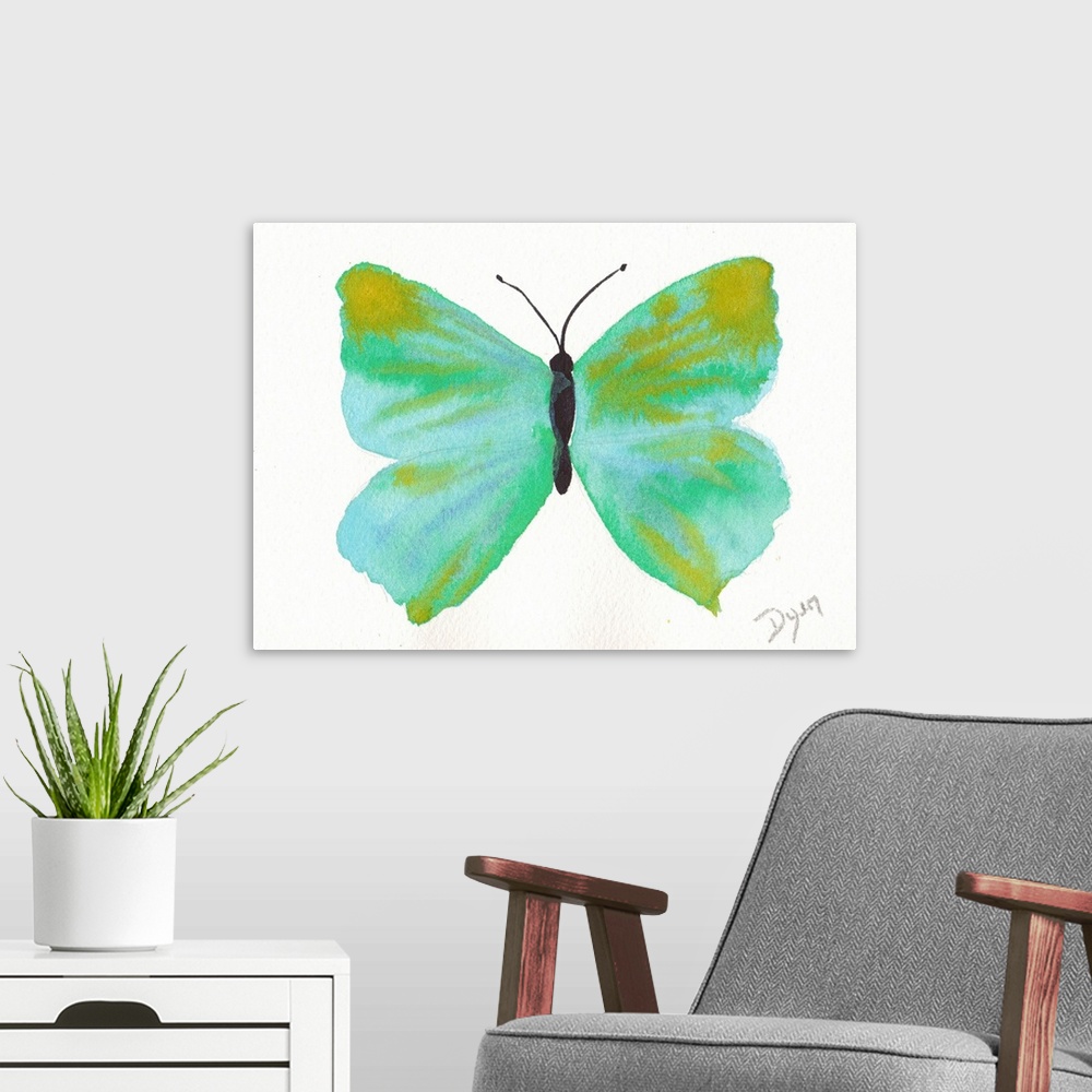 A modern room featuring Watercolor painting of a butterfly against a white background.