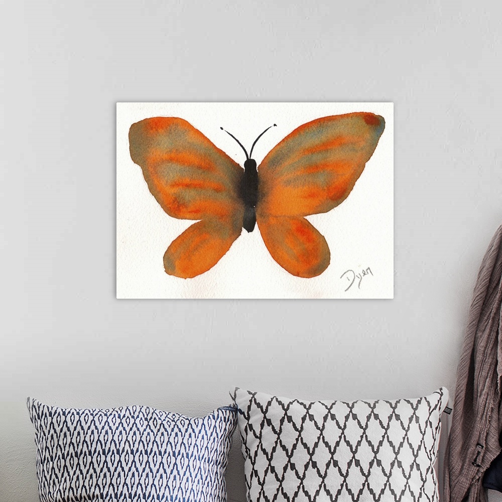 A bohemian room featuring Watercolor painting of a butterfly against a white background.