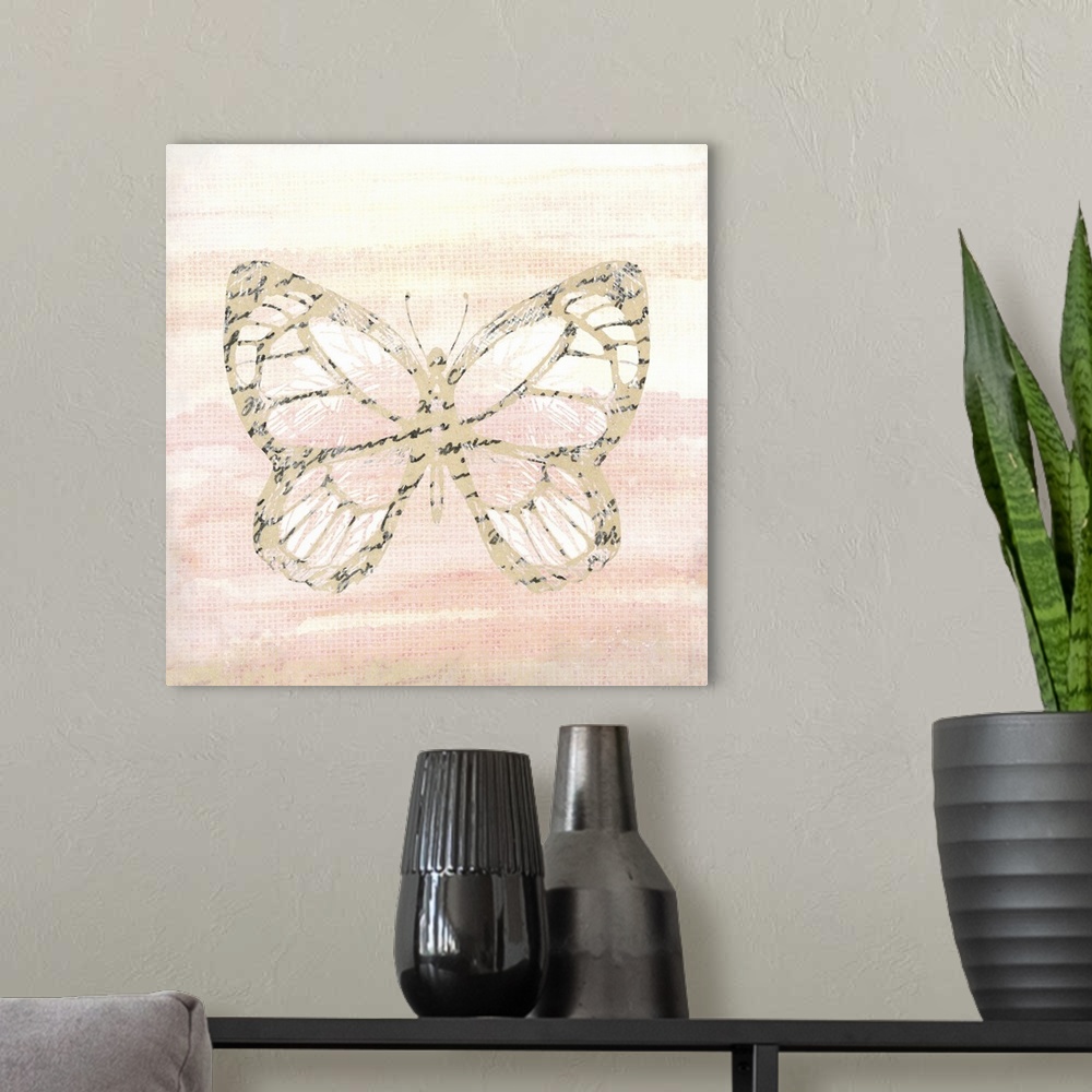A modern room featuring An outline of a butterfly with an overlay of black handwritten text placed on a warm watercolor b...