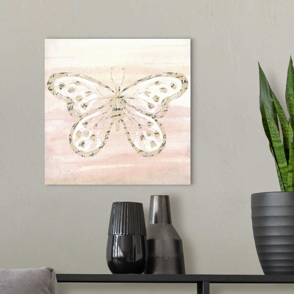 A modern room featuring An outline of a butterfly with an overlay of black handwritten text placed on a warm watercolor b...