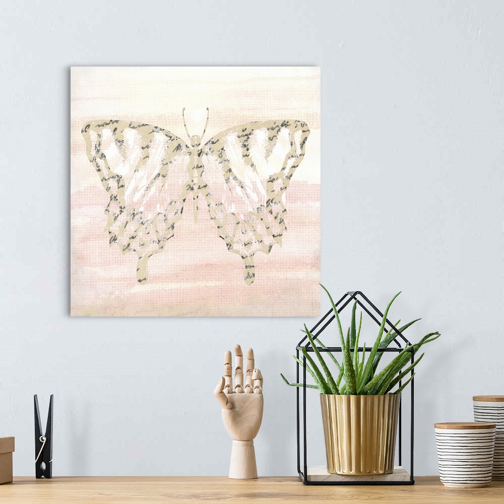 A bohemian room featuring An outline of a butterfly with an overlay of black handwritten text placed on a warm watercolor b...