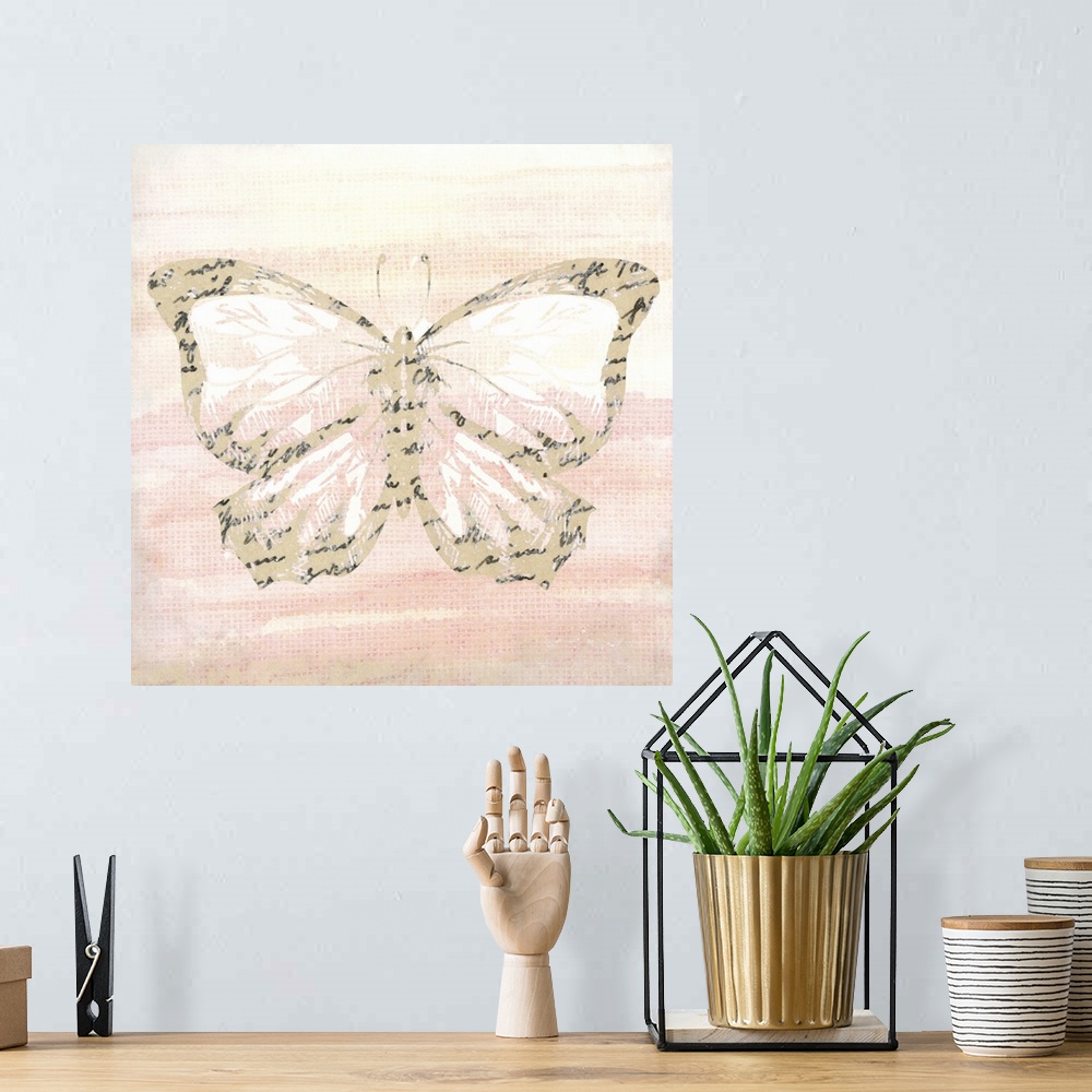 A bohemian room featuring An outline of a butterfly with an overlay of black handwritten text placed on a warm watercolor b...