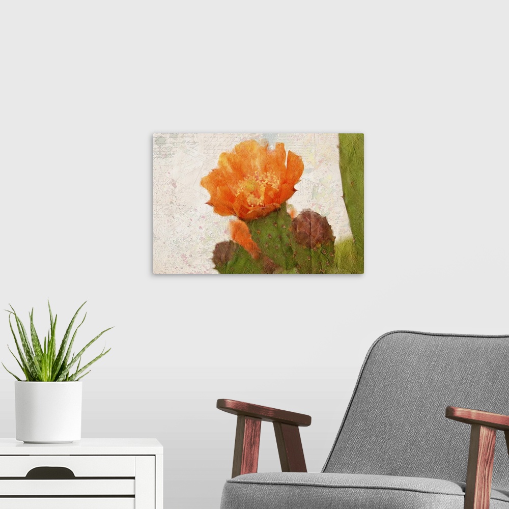 A modern room featuring A watercolor painting of an orange cactus flower on a collage of handwritten postcards and colorf...
