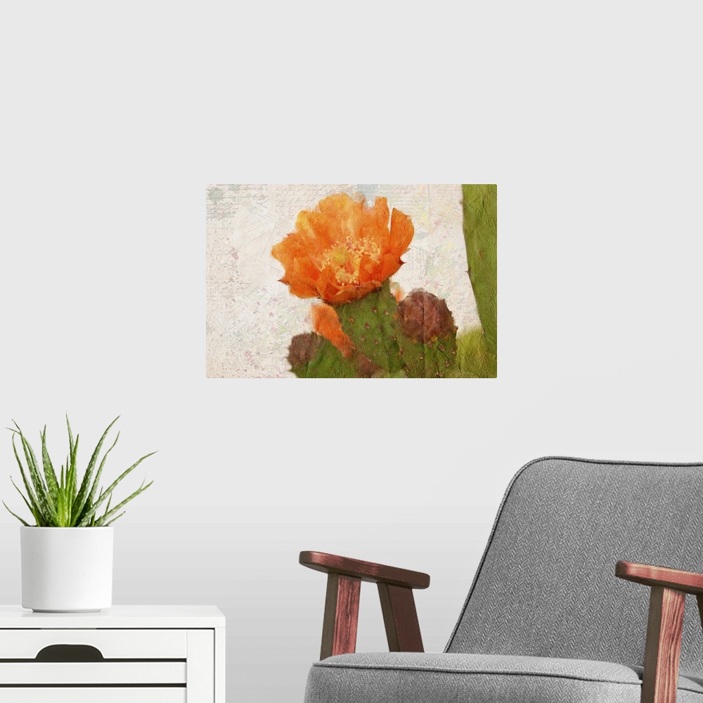 A modern room featuring A watercolor painting of an orange cactus flower on a collage of handwritten postcards and colorf...