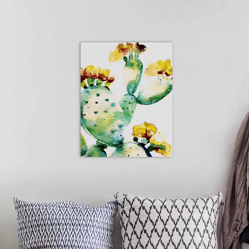 A bohemian room featuring Watercolor painting of a prickly pear cactus close up in shades of green, blue, yellow, and red o...
