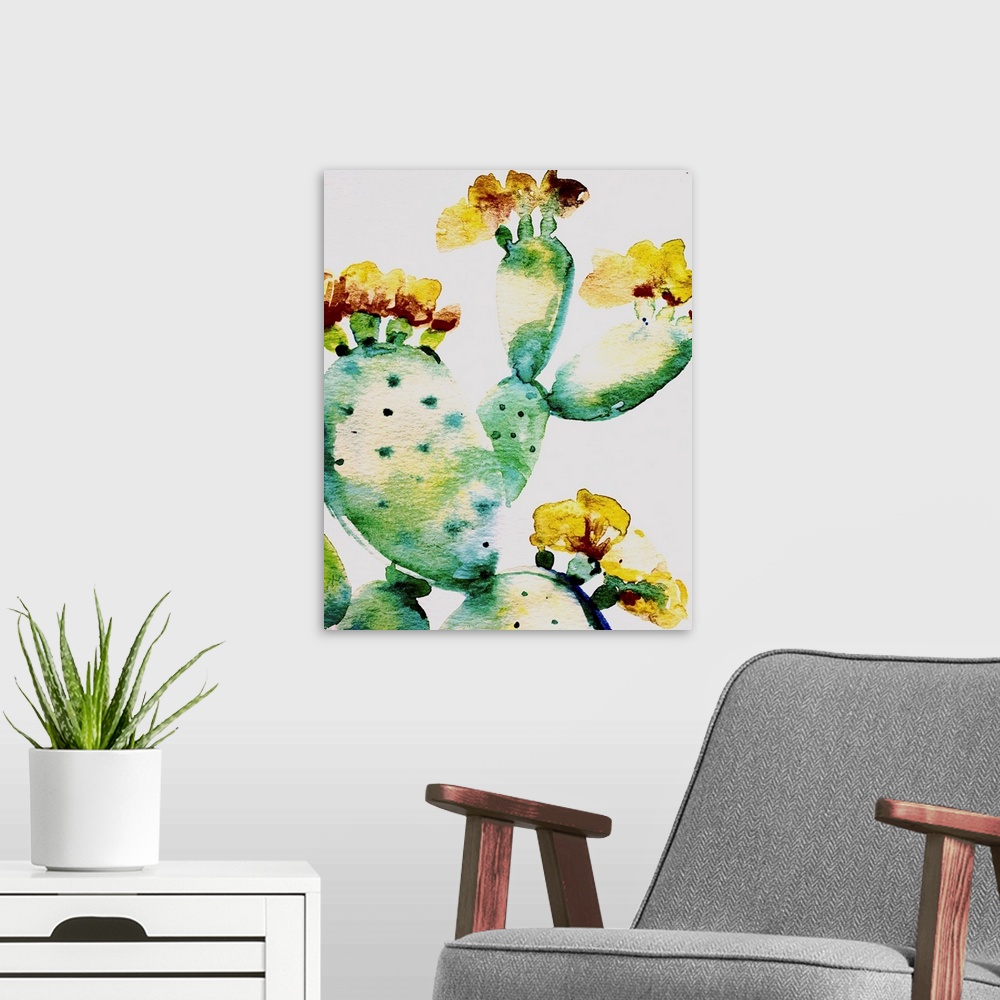 A modern room featuring Watercolor painting of a prickly pear cactus close up in shades of green, blue, yellow, and red o...