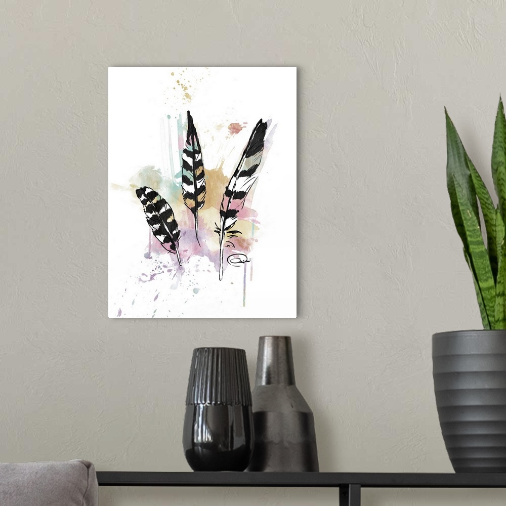 A modern room featuring A watercolor painting of three black and white feathers with a colorful, paint splattered backgro...