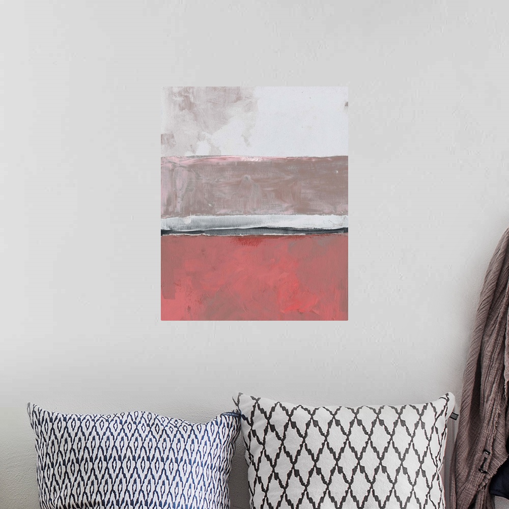 A bohemian room featuring Abstract color block artwork in shades of coral pink and pale grey.