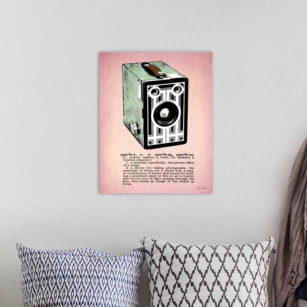 A bohemian room featuring Retro-style illustration of a box camera with the dictionary definition below the image.