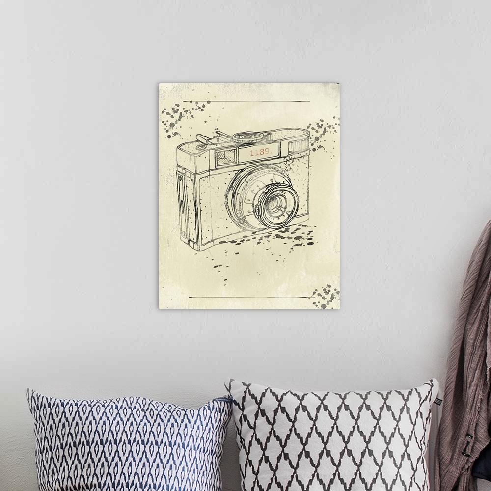 A bohemian room featuring Contemporary drawing of a camera in a quarter turned view.