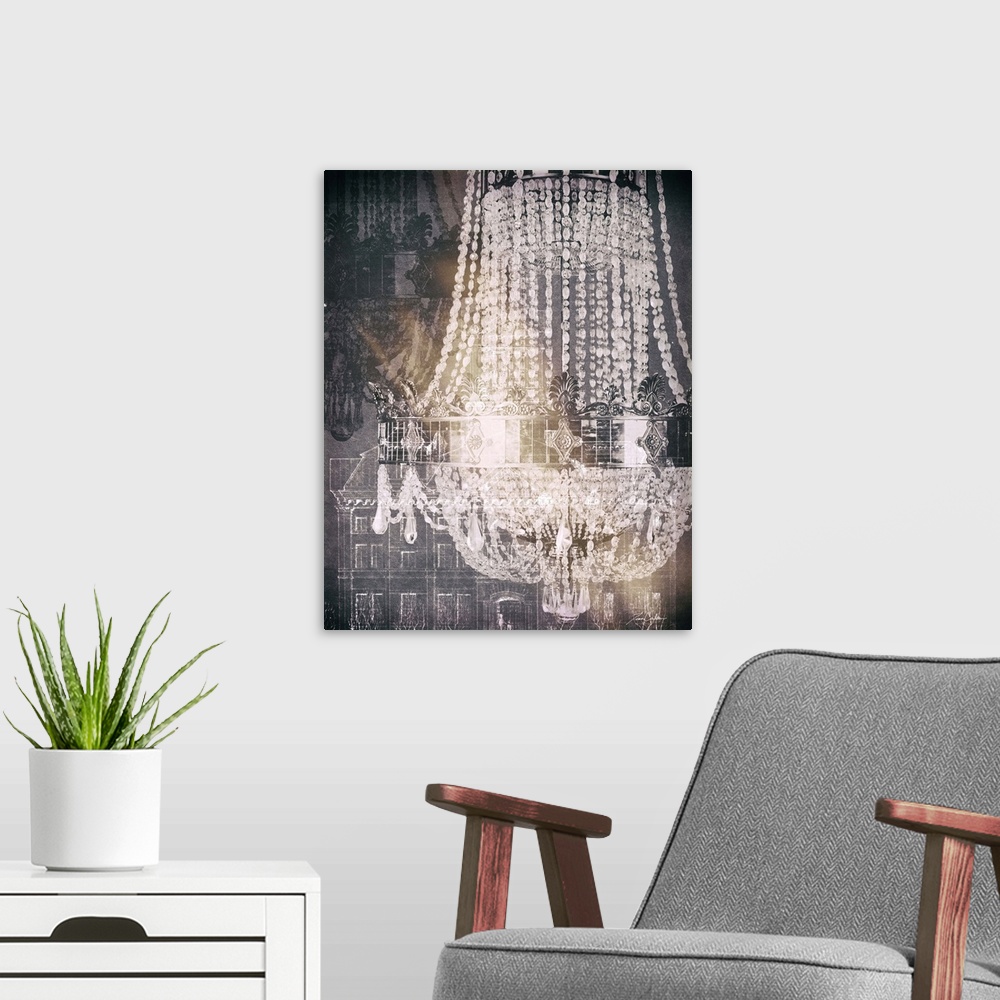 A modern room featuring Contemporary artwork of crystal chandelier in a collage, with an architectural drawing in the bac...