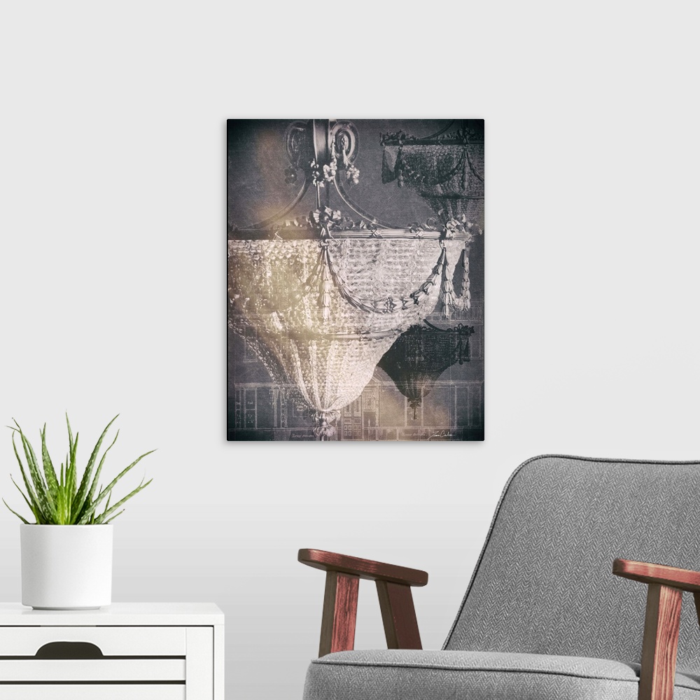 A modern room featuring Contemporary artwork of crystal chandelier in a collage, with an architectural drawing in the bac...