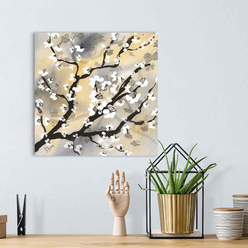 A bohemian room featuring Painting of cherry blossom tree branch, with tiny white blossoms. Against an earth toned background.