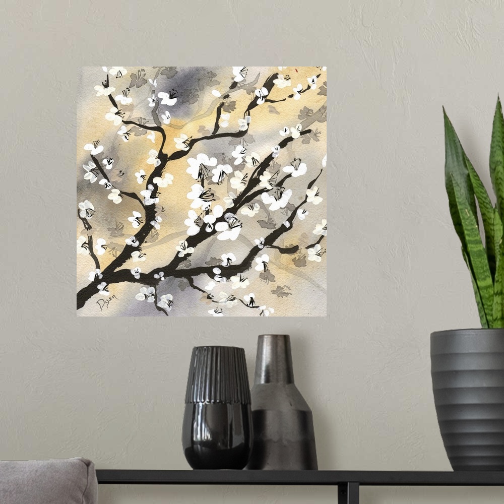 A modern room featuring Painting of cherry blossom tree branch, with tiny white blossoms. Against an earth toned background.