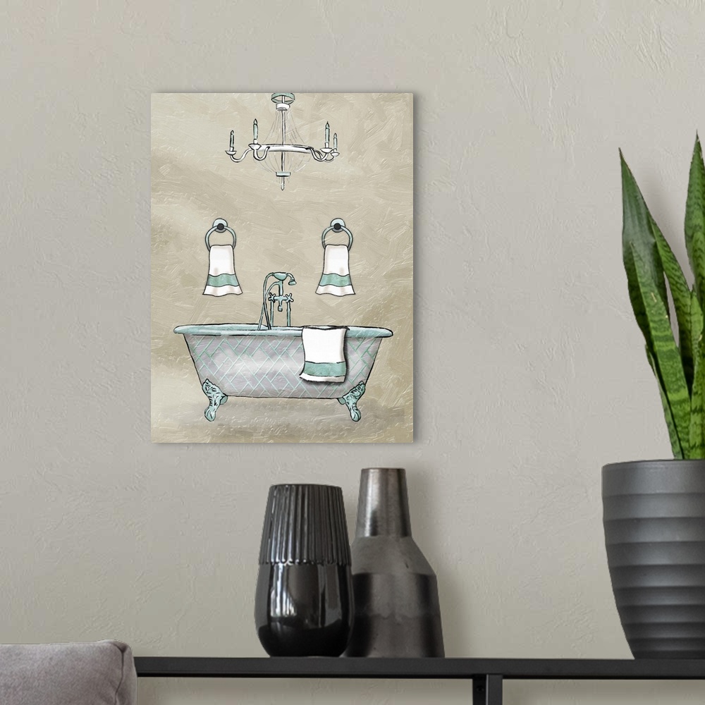 A modern room featuring Teal, tan, white, and gray bathroom art.