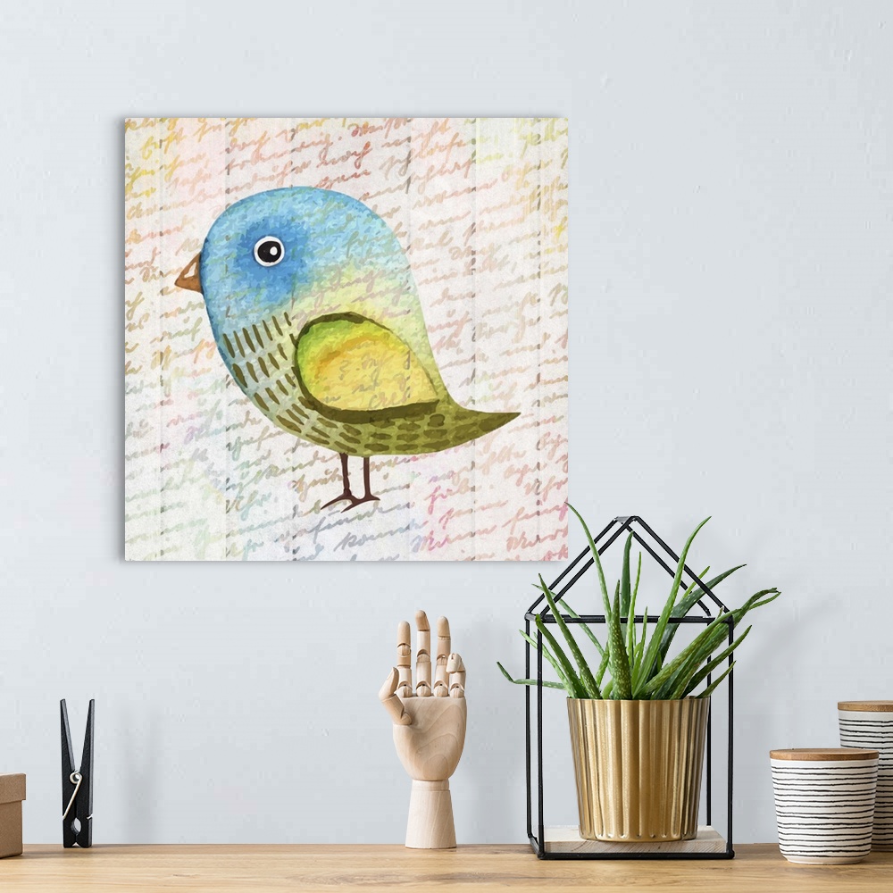 A bohemian room featuring A colorful painting of a bird on a handwritten background.