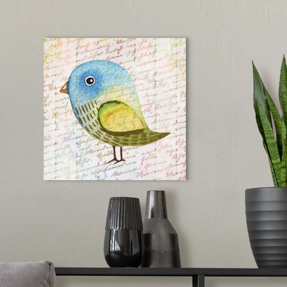 A modern room featuring A colorful painting of a bird on a handwritten background.