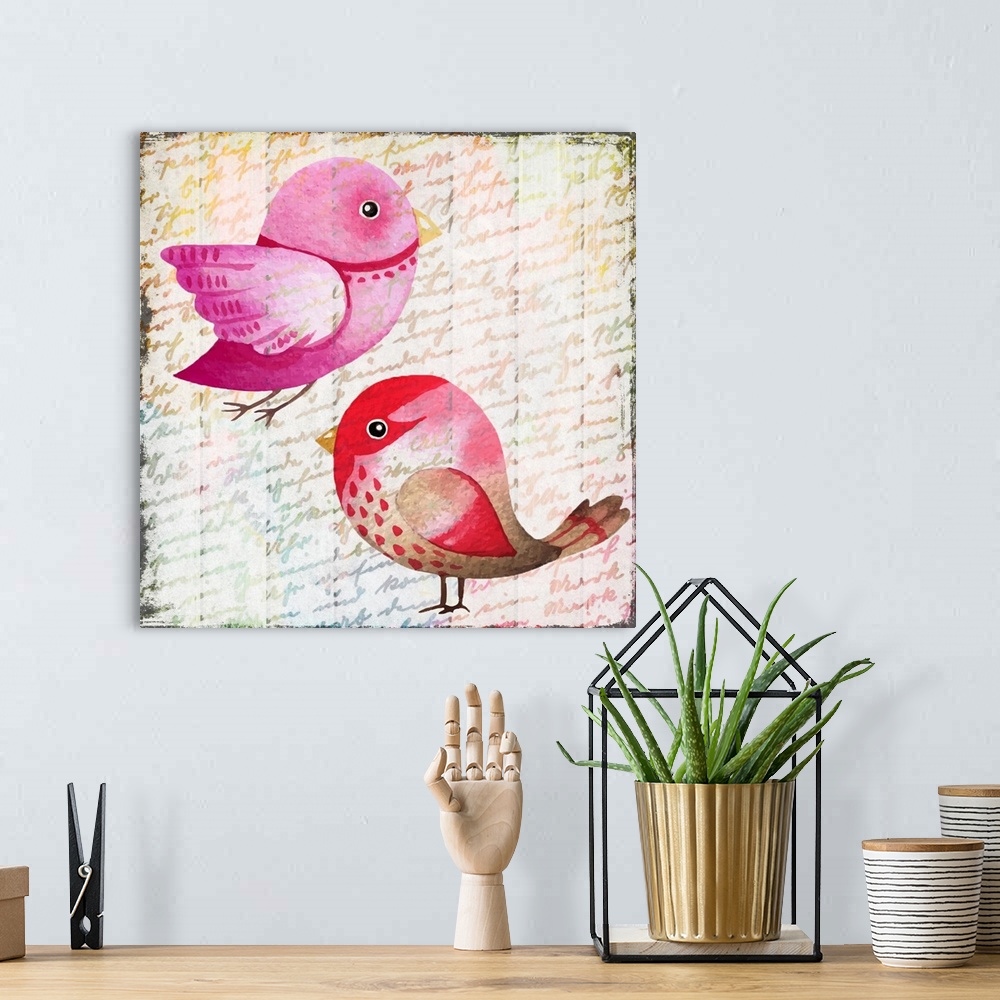 A bohemian room featuring A colorful painting of two birds on a handwritten background.
