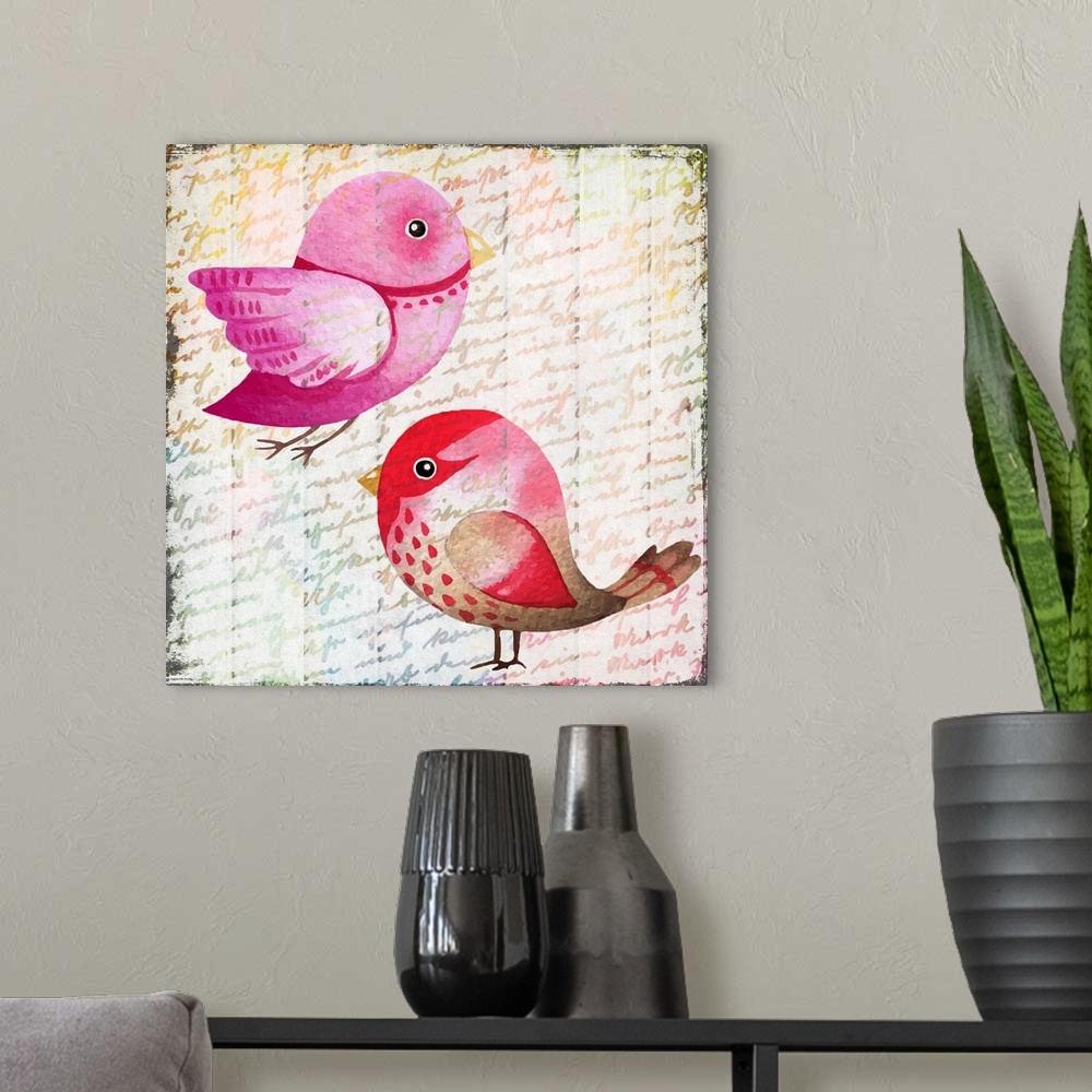 A modern room featuring A colorful painting of two birds on a handwritten background.