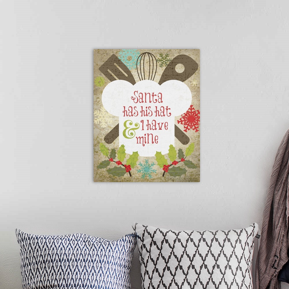 A bohemian room featuring Humorous holiday kitchen art featuring a chef's hat and kitchen utensils.