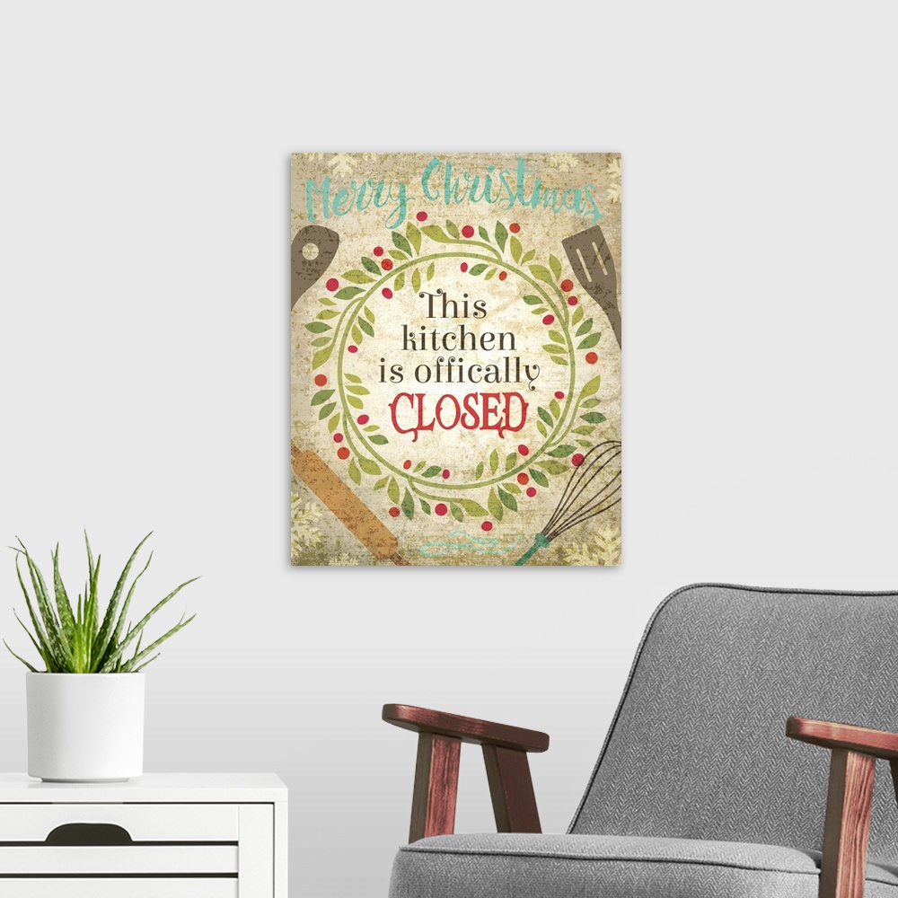 A modern room featuring Humorous holiday kitchen art featuring a holly wreath and kitchen utensils.