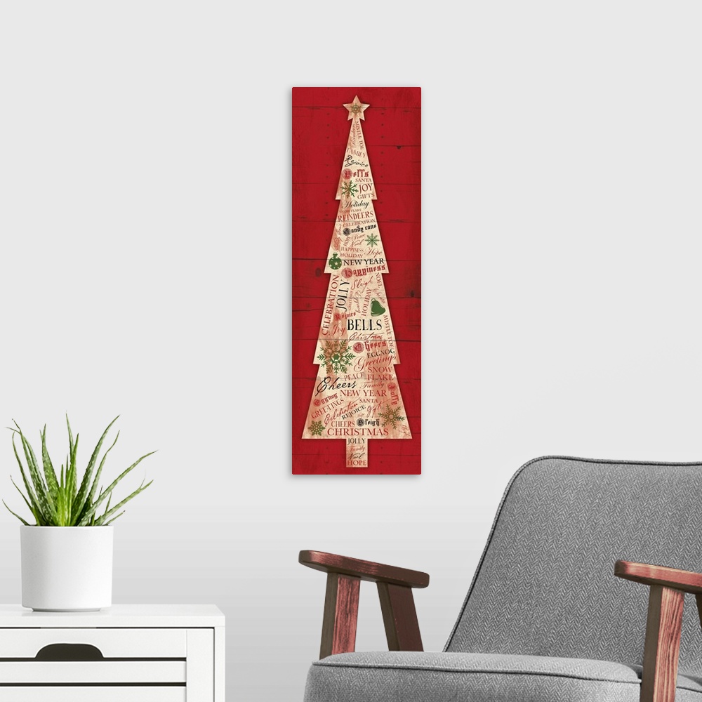 A modern room featuring Seasonal artwork of Christmas tree made of articles of newsprint against red background.
