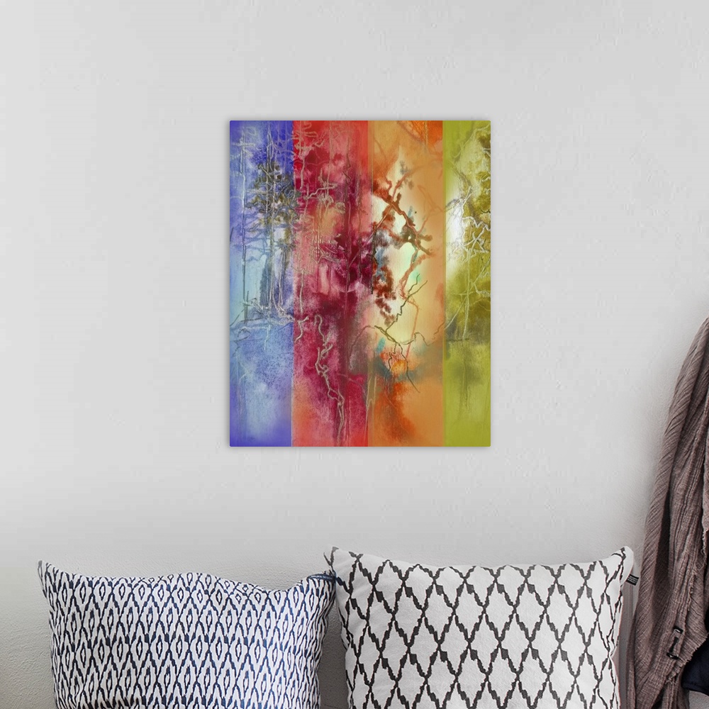 A bohemian room featuring Abstract painting overlaid with four colors in vertical stripes.