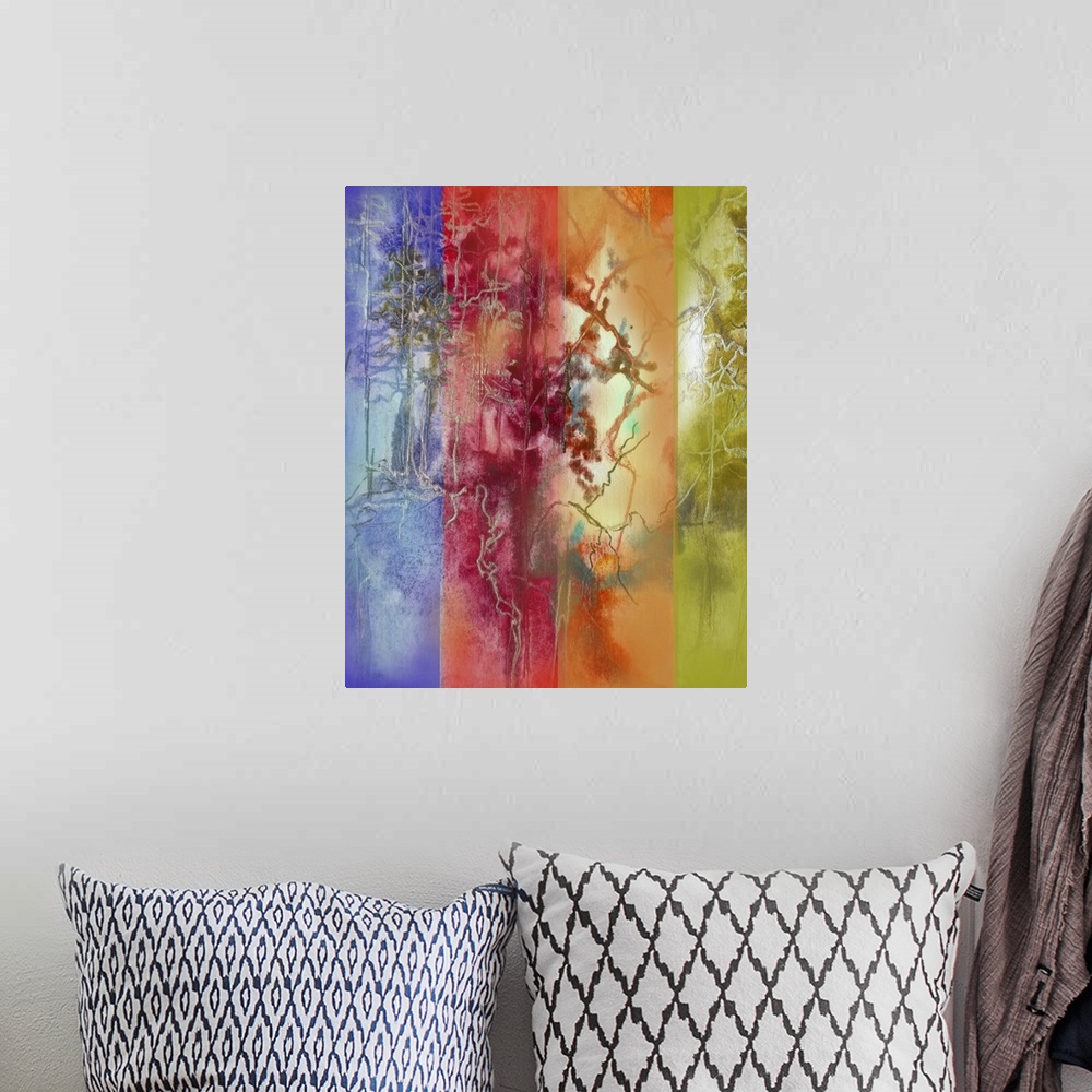 A bohemian room featuring Abstract painting overlaid with four colors in vertical stripes.