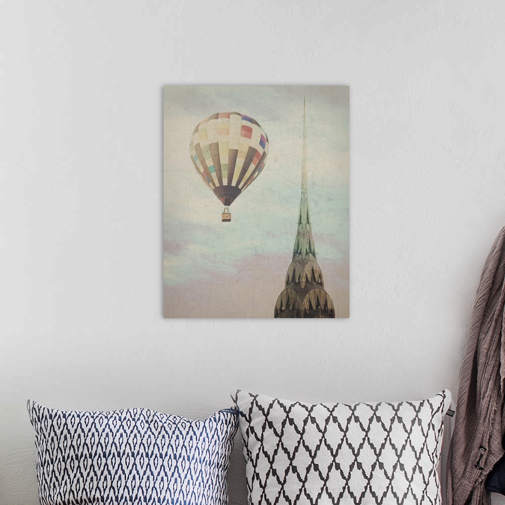 A bohemian room featuring Artistically filtered photograph of the Chrysler building in NYC, with a hot air balloon in the sky.
