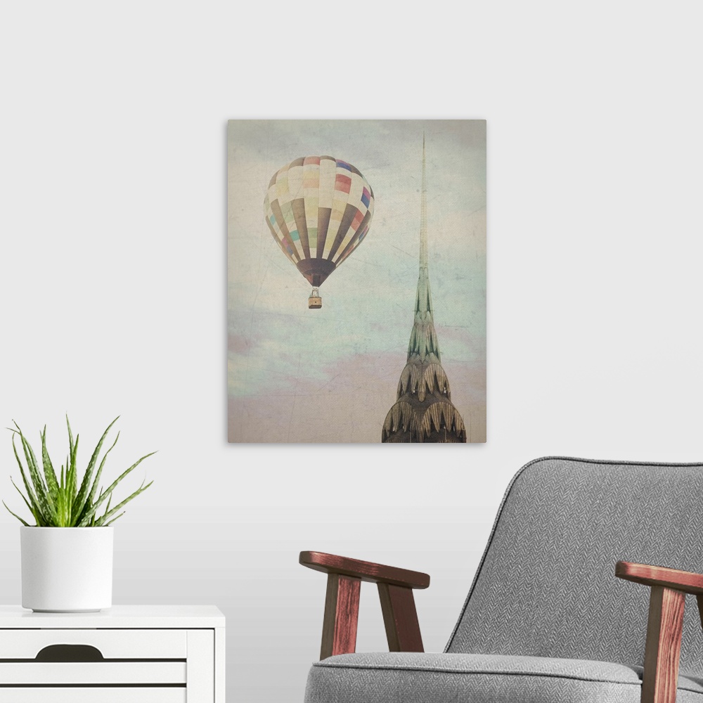 A modern room featuring Artistically filtered photograph of the Chrysler building in NYC, with a hot air balloon in the sky.