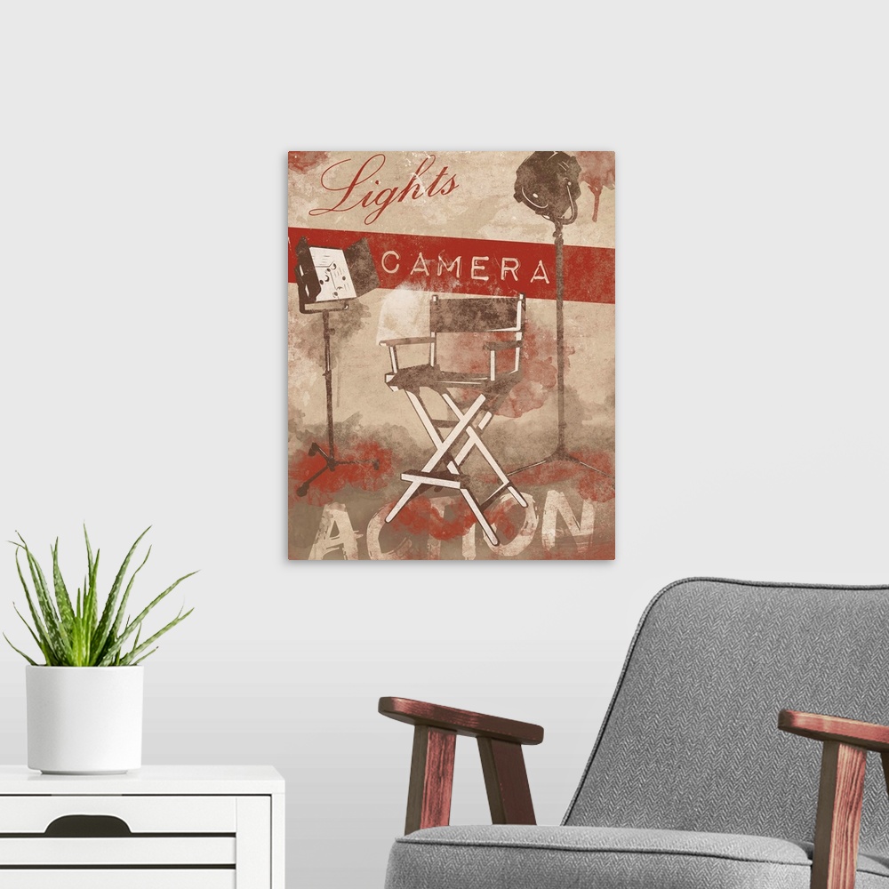 A modern room featuring Image depicting directors chair and studio lights, with the word "Action" across the bottom of th...