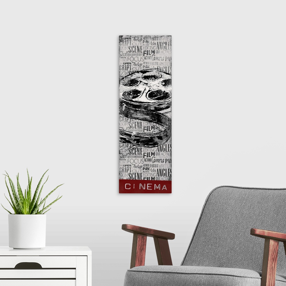 A modern room featuring A vintage film reel on a background filled with layers of text, with the word "cinema" at the bot...