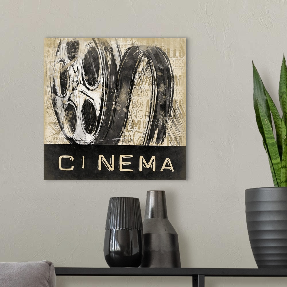 A modern room featuring Contemporary artwork with sketch stylized film reel against a text background. The word "Cinema "...