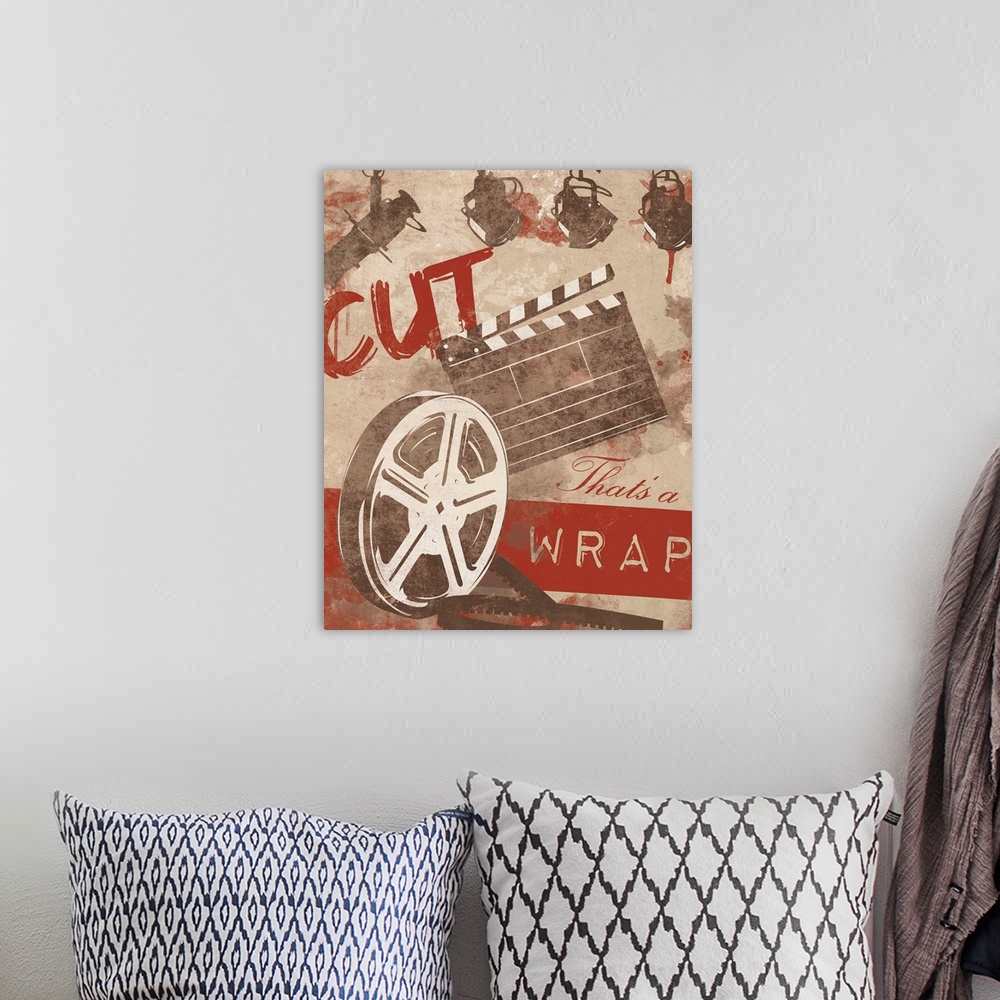 A bohemian room featuring Image depicting film reel and clap board, with the phrase "That's a wrap" at the bottom of the im...