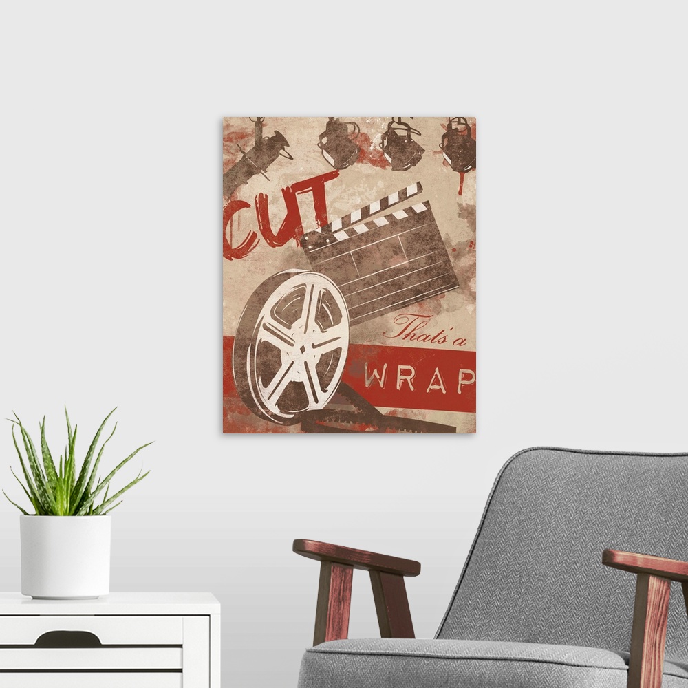 A modern room featuring Image depicting film reel and clap board, with the phrase "That's a wrap" at the bottom of the im...