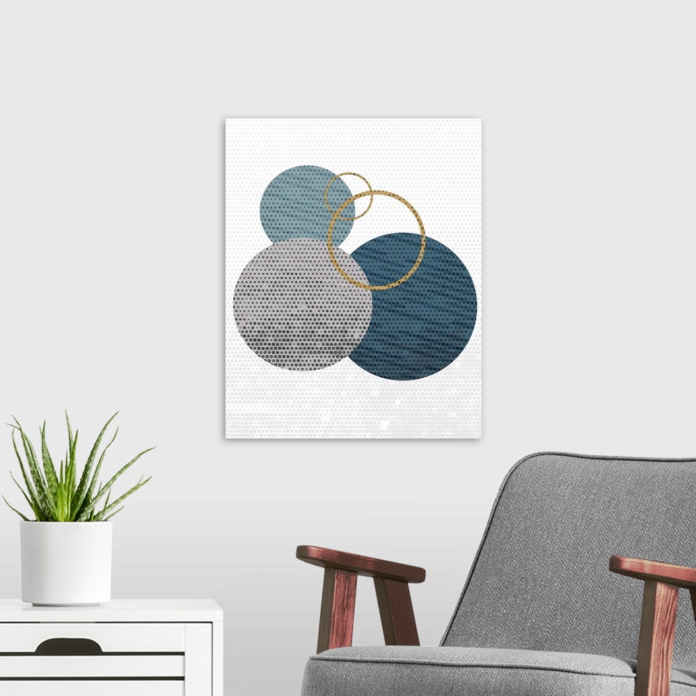 A modern room featuring Contemporary geometric artwork made out of circles.