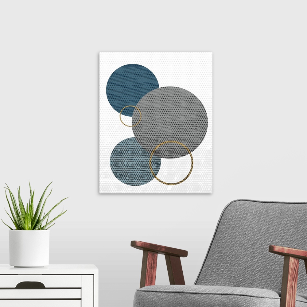 A modern room featuring Contemporary geometric artwork made out of circles.
