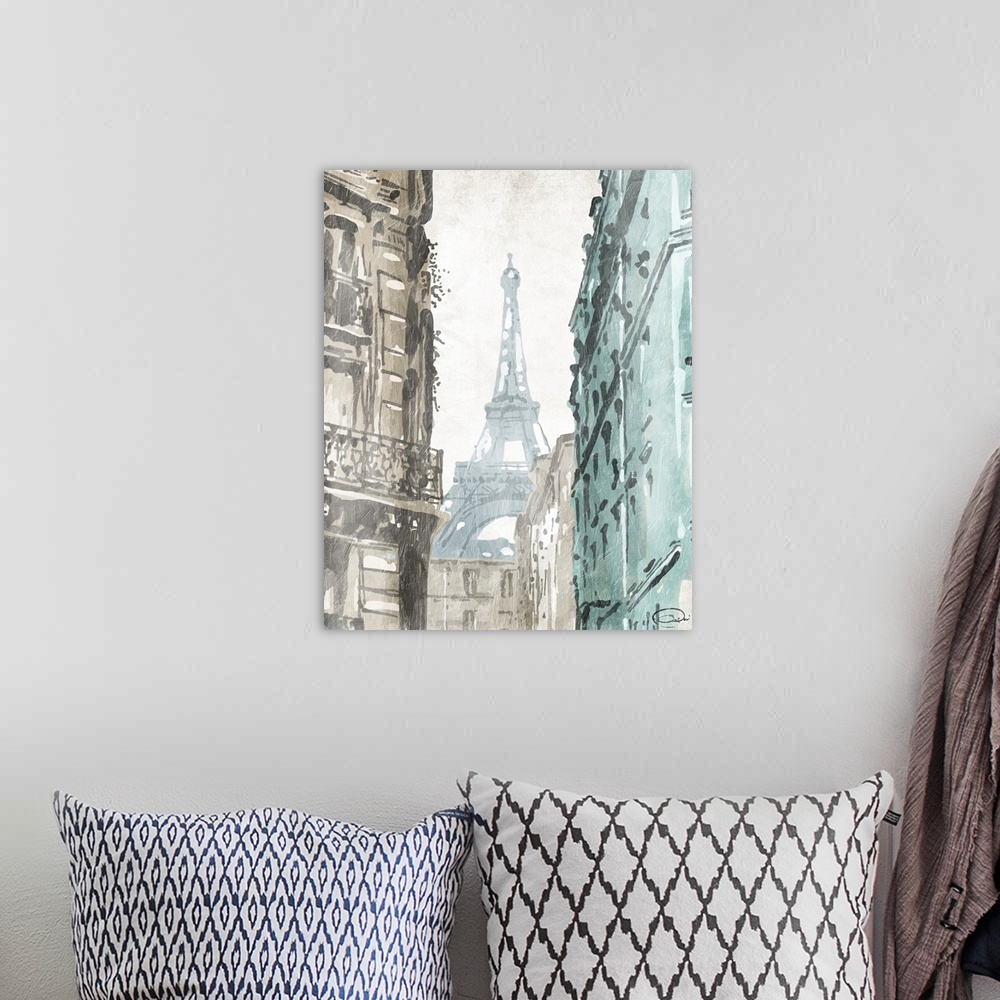 A bohemian room featuring Contemporary travel artwork of a view of the Eiffel Tower in Paris from a city block.